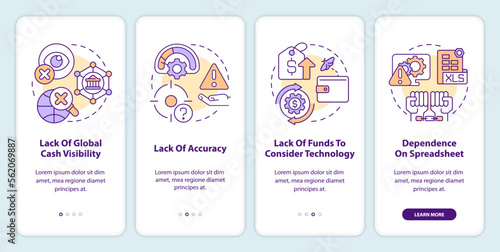 Challenges faced by corporate treasurer onboarding mobile app screen. Walkthrough 4 steps editable graphic instructions with linear concepts. UI, UX, GUI template. Myriad Pro-Bold, Regular fonts used