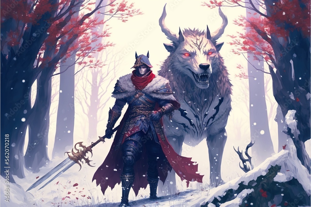 The man in the hood with spear facing the giant winter wolf, digital ...