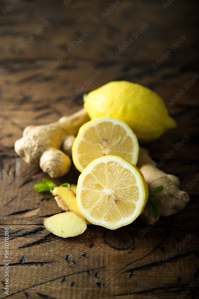 Fresh lemon with sliced ginger Fresh lemon with sliced ginger