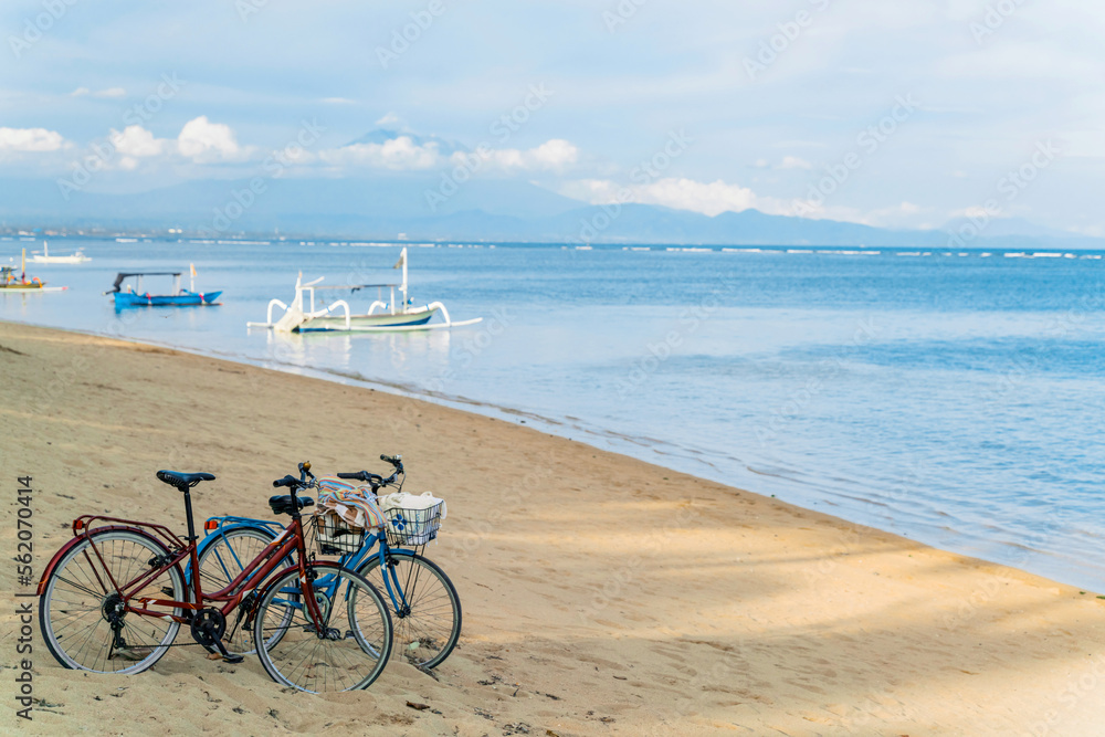 Bicycles for rent on a sandy beach on a background of of the ocean with boats.