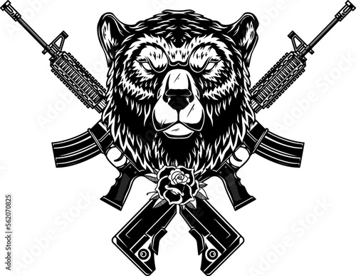 Angry bear head with crossed assault rifles. Design element for poster, emblem, sign. Vector illustration