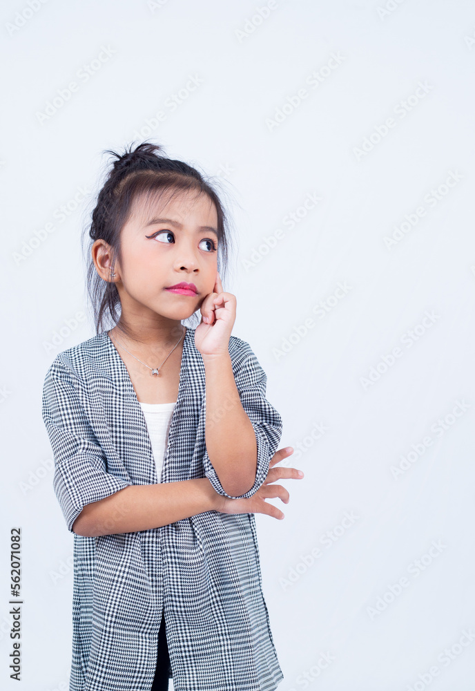 Little girl posing question pose in studio isolated on white background. Little girl posing question pose in studio isolated on white background.