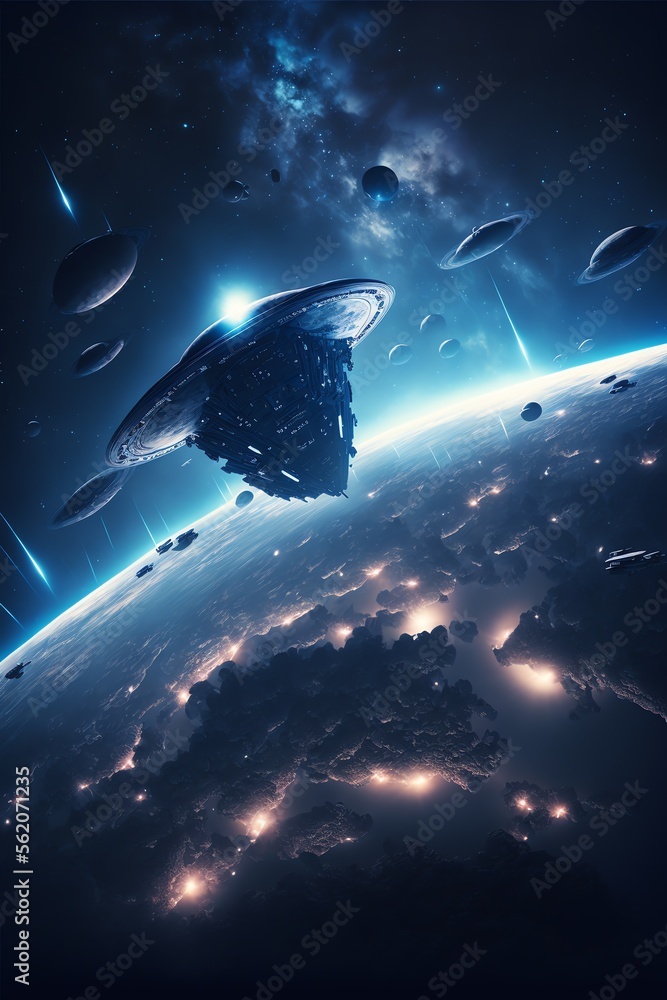 The Earth viewed from space with space ships The Earth viewed from space with space ships