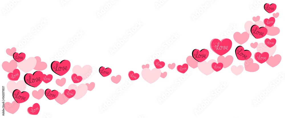 Cute seamless pink heart pattern with love text on white background for fabric print, paper card, textile, fashion on white background. Valentine's day, Wedding, Birthday, Love concept.