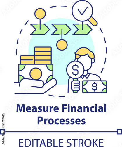 Measure financial processes concept icon. Determining treasury management necessity abstract idea thin line illustration. Isolated outline drawing. Editable stroke. Arial, Myriad Pro-Bold fonts used