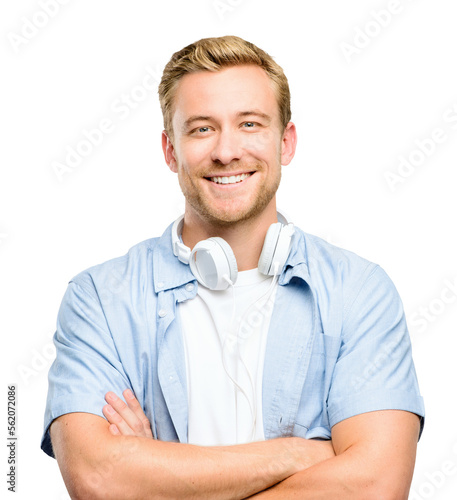 PNG of a Handsome young model posing with his arms folded in studio. Confident happy caucasian man standing with arms crossed isolated on a PNG background.