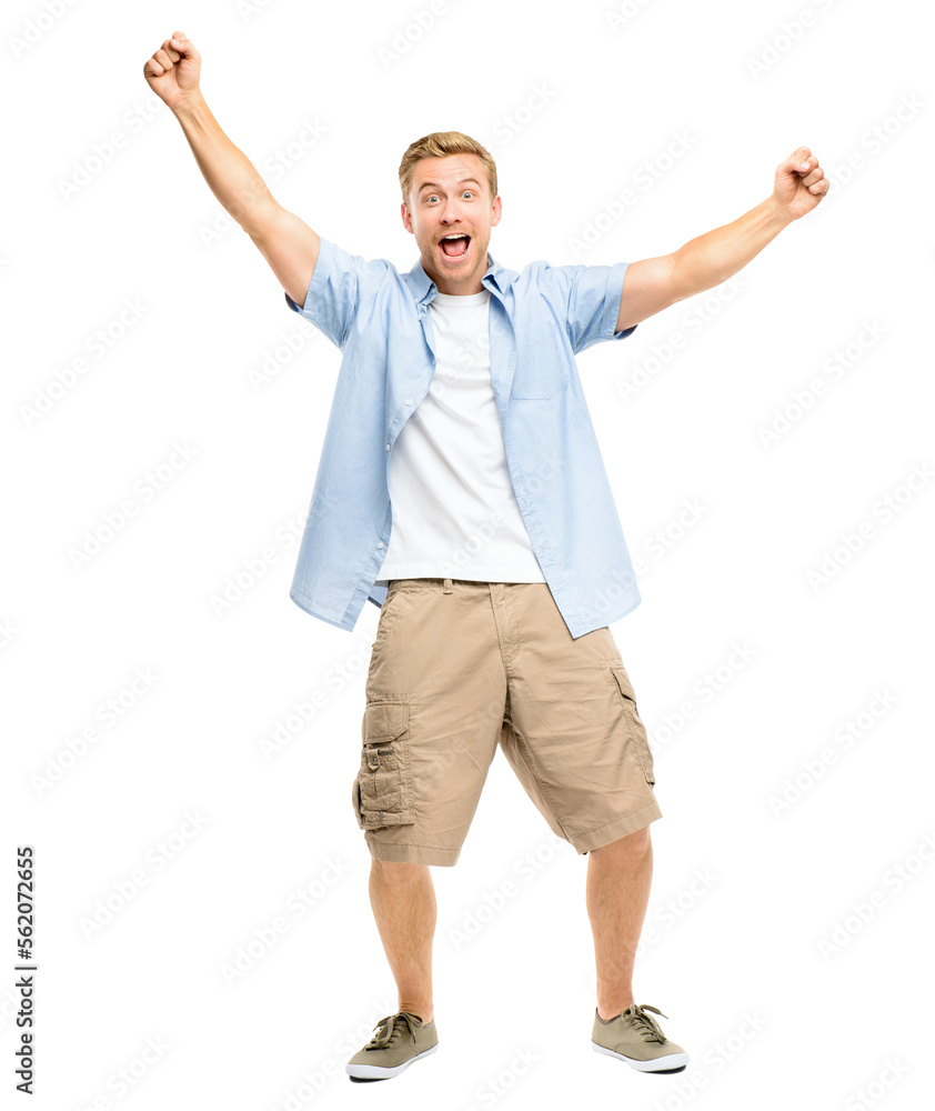A handsome young man standing alone in the studio with his arms raised in celebration isolated on a PNG background. A handsome young man standing alone in the studio with his arms raised in celebration isolated on a PNG background.