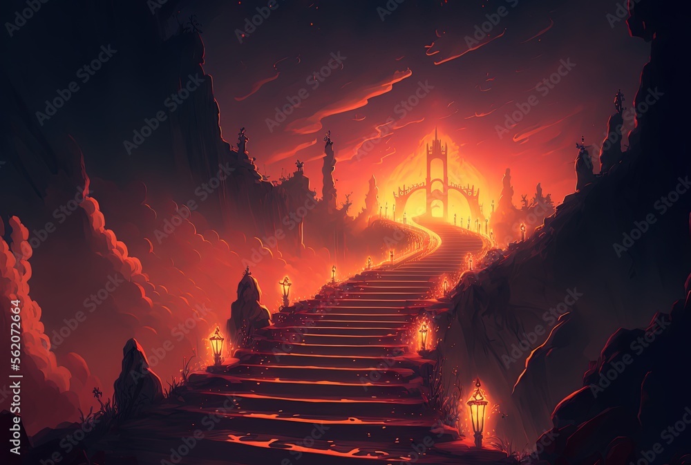 illustration of way to hell with stair and fire flame along the side ...