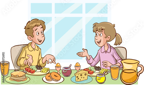 Happy kids having breakfast by themselves. Child nutrition concept. cartoon Vector illustration 