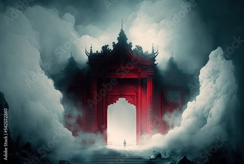 a person at gigantic red hell gate, ancient Chinese mythology the gate to spirit world or way path to demon town Generative Ai