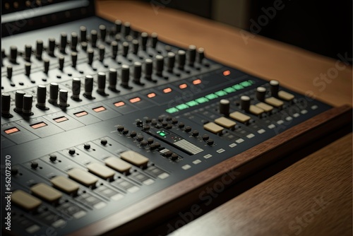 Close-up of boutique recording studio control desk, ai generated