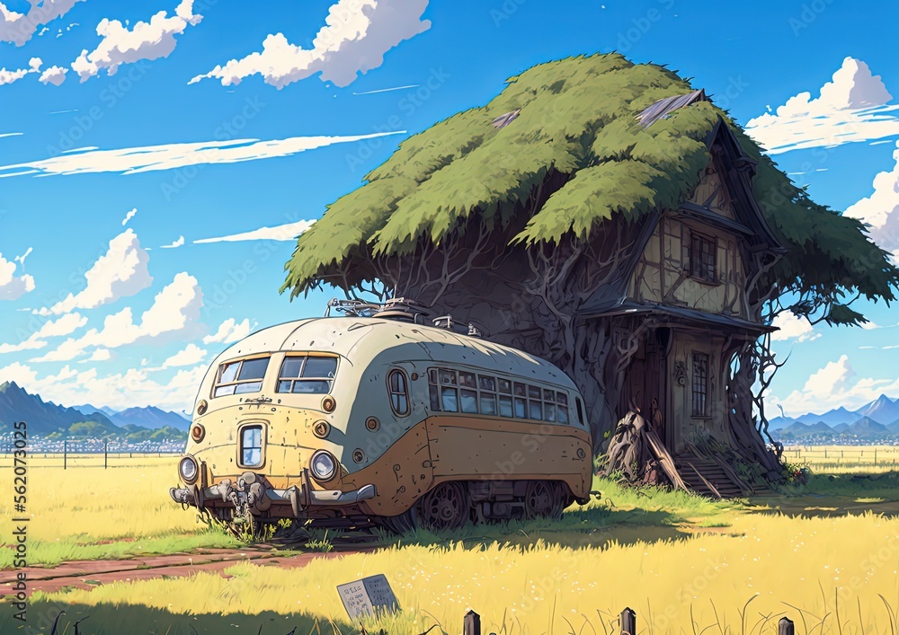 Naklejka premium anime illustration style, abandoned van car with house that tree grow on it behind, Generative Ai