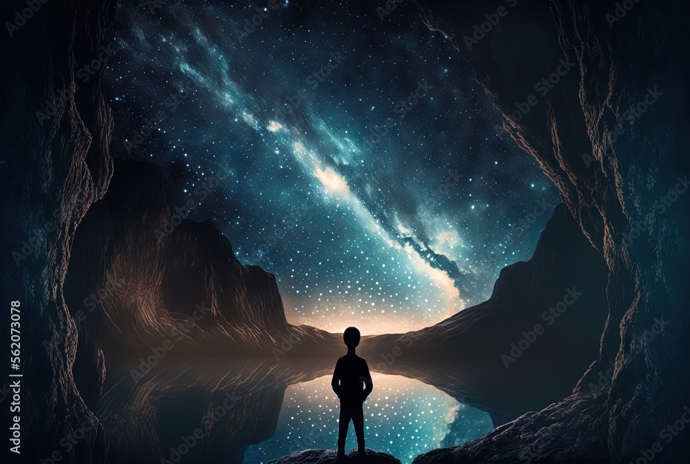 Fototapeta premium a child standing at cliff looking at beautiful starry sky at night, glitter glow galaxy sky at night time Generative Ai