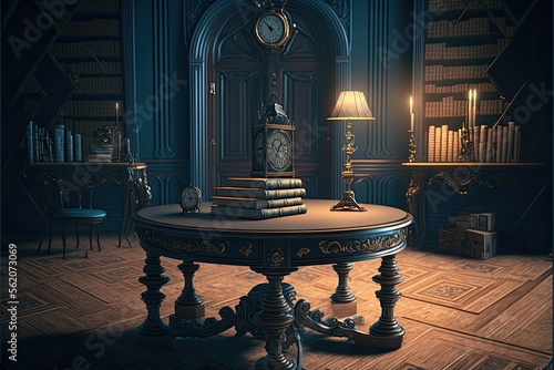 Old classic library with books on table, ai generated