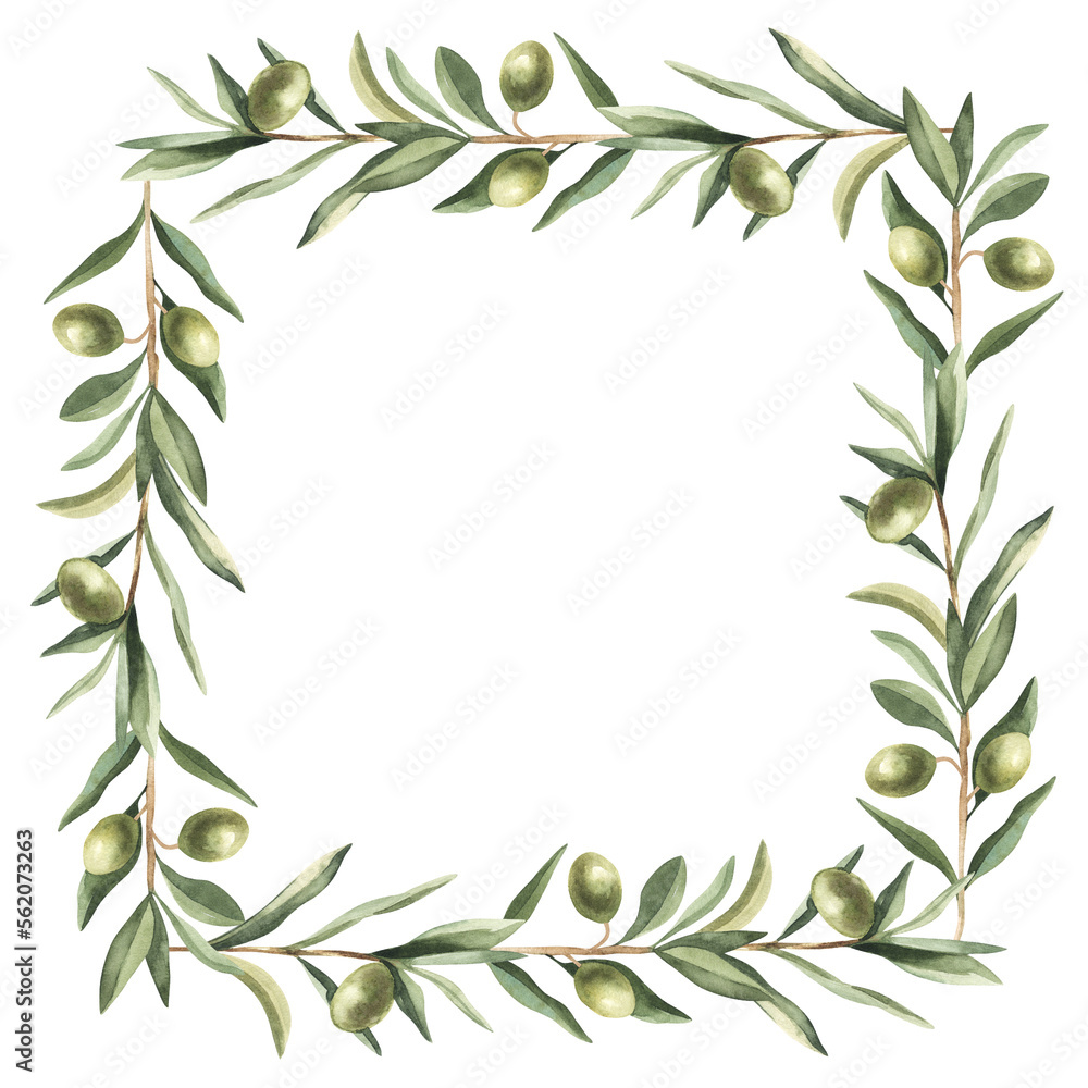 Watercolor olive floral illustration - olive branch frame wreath for wedding stationary, greetings, wallpapers, fashion, backgrounds, textures, DIY, wrapping, postcards, logo, branding, etc.
