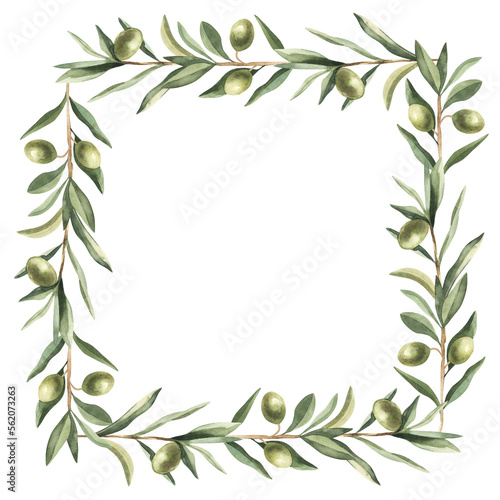 Watercolor olive floral illustration - olive branch frame wreath for wedding stationary  greetings  wallpapers  fashion  backgrounds  textures  DIY  wrapping  postcards  logo  branding  etc.