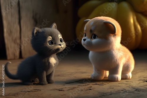 Cute puppy and kitten looking together.Ai generated  © Areerat
