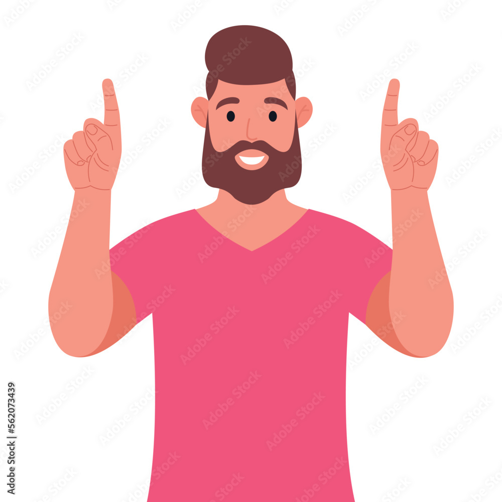 Bearded man in pink t-shirt pointing up fingers while standing and smiling. Pointing copy space. Vector illustration. Bearded man in pink t-shirt pointing up fingers while standing and smiling. Pointing copy space. Vector illustration.