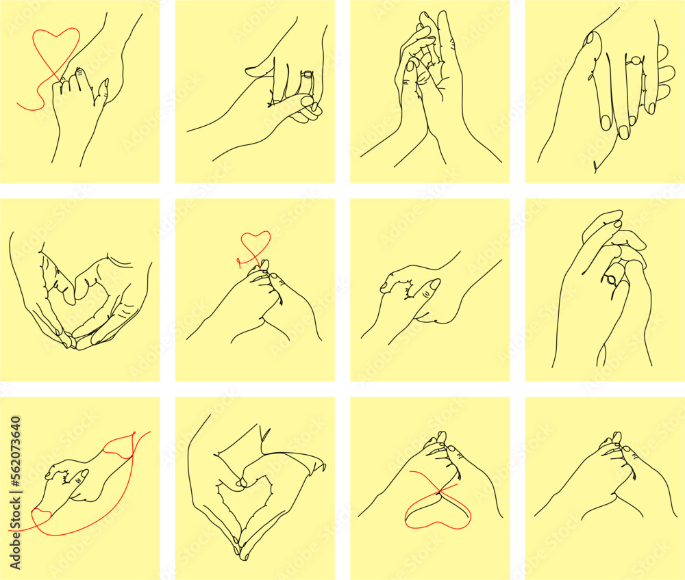 One line drawn holding hands. Saint Valentine's day vector seamless pattern