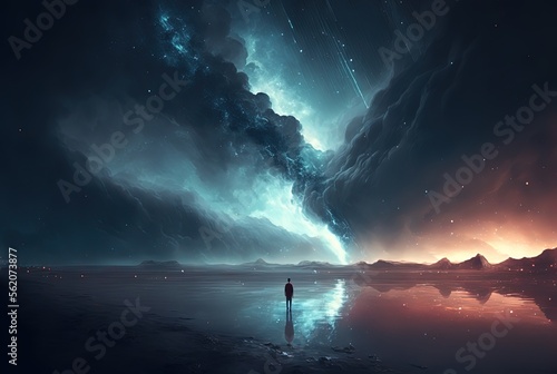 one person walking on beach under starry sky , idea of some time in your life journey it's wet cold and dark but some flicker light of happiness will guild you on the way, Generative Ai