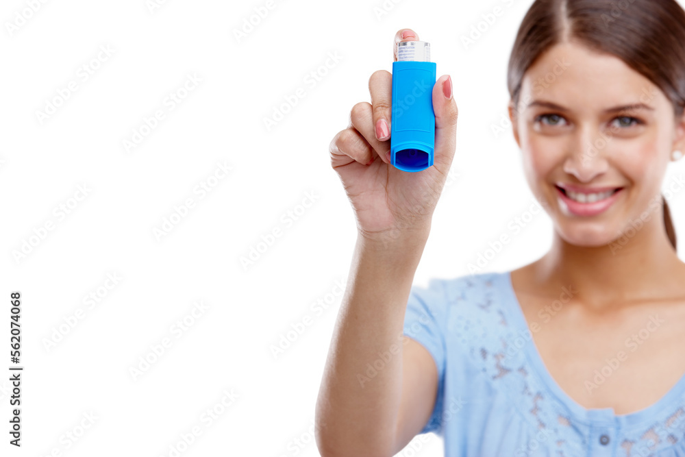 Woman, asthma pump and smile for relief, breathing or respiratory against a white studio background. Portrait of isolated female holding inhaler for medical allergies, breathe or health on mockup Woman, asthma pump and smile for relief, breathing or respiratory against a white studio background. Portrait of isolated female holding inhaler for medical allergies, breathe or health on mockup