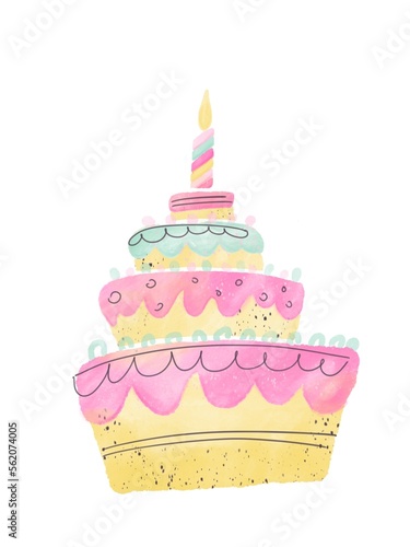 Happy birthday cake painted in watercolor isolated on white background