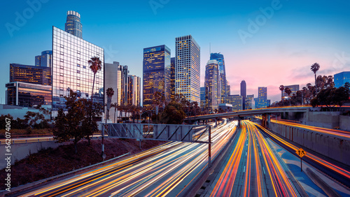 panoramic view at the skyline of los angeles after sunset, california