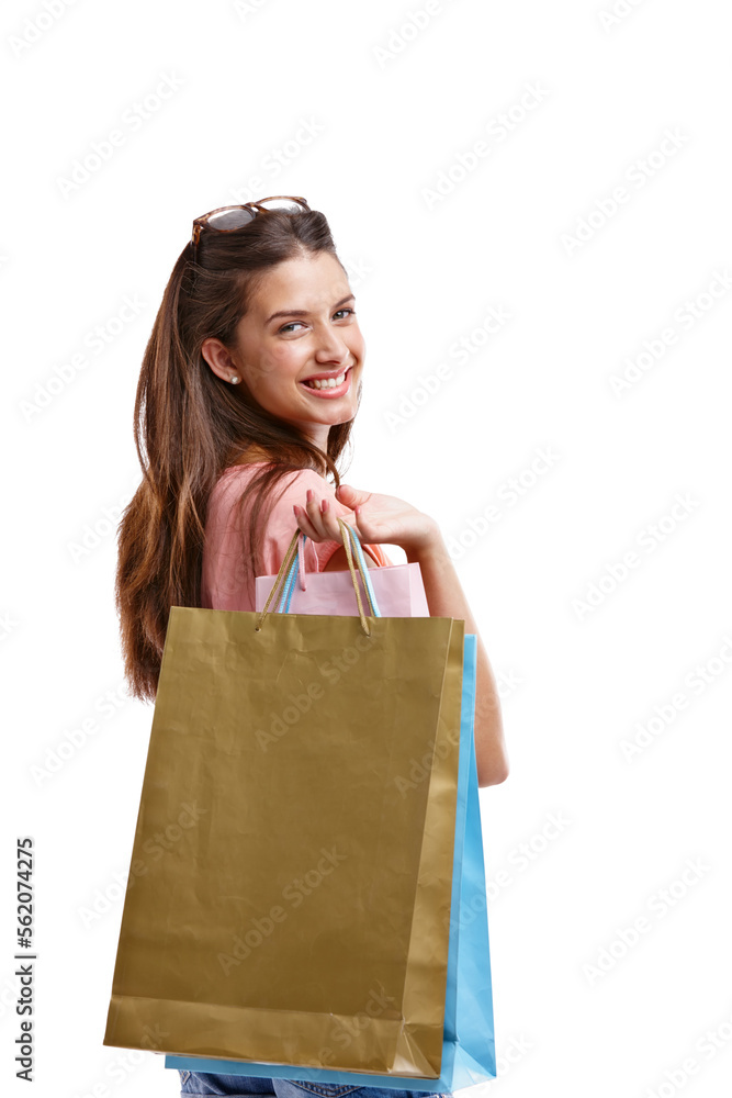 Shopping bags, young model and portrait of a woman with retail, discount and shopping bags and mockup. Isolated, white background and customer happy smile about store sale, fashion choice and mock up Shopping bags, young model and portrait of a woman with retail, discount and shopping bags and mockup. Isolated, white background and customer happy smile about store sale, fashion choice and mock up