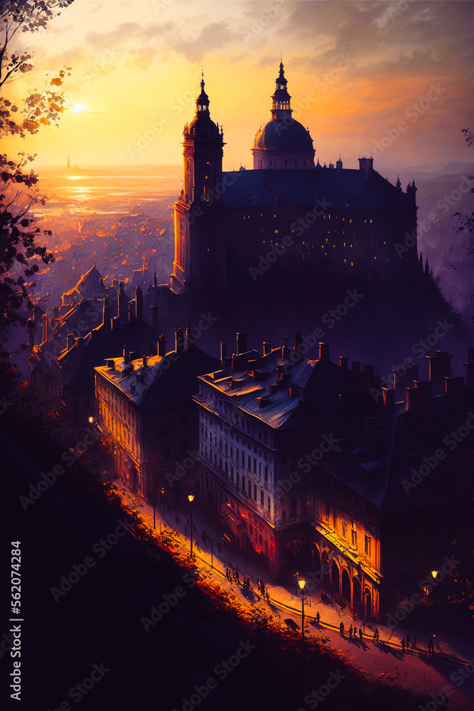Naklejka premium A painting of the High Castle in Lviv, showcasing the city's rich history and stunning views from atop the hill