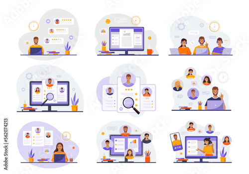 Business illustrations set. Collection of scenes with men and women taking part in business activities.