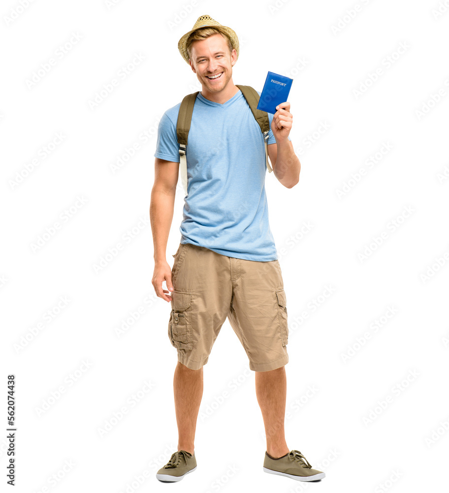 A handsome young tourist standing alone in the studio and holding his passport isolated on a PNG background. A handsome young tourist standing alone in the studio and holding his passport isolated on a PNG background.