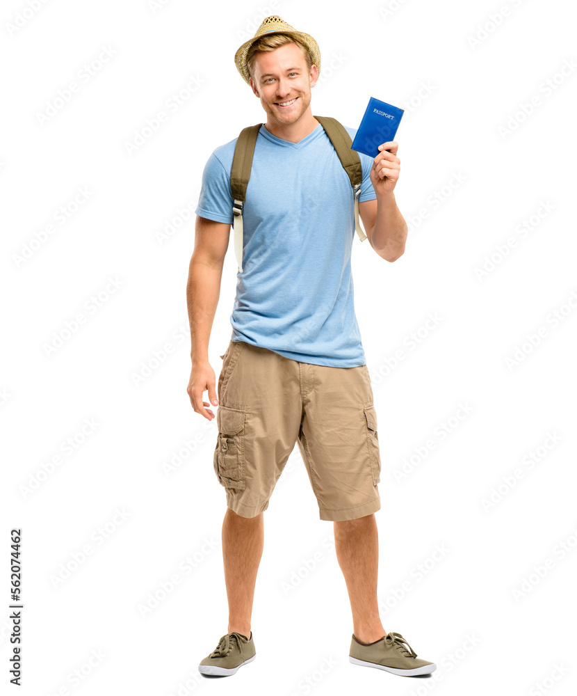A handsome young tourist standing alone in the studio and holding his passport isolated on a PNG background. A handsome young tourist standing alone in the studio and holding his passport isolated on a PNG background.