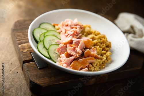 Healthy salmon bowl with spicy rice