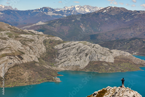 Beautiful turquoise waters reservoir and mountain landscape in Riano. Spain photo