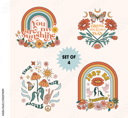 Set of 4 retro illustration with flowers and positive slogan. Perfect for T-shirt print, mugs, cards, posters. 