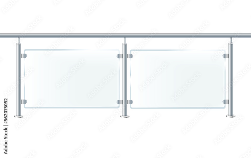 Glass or plexiglass fence with banisters. Architectural guardrail for balcony or office terrace. Glass or plexiglass fence with banisters. Architectural guardrail for balcony or office terrace.
