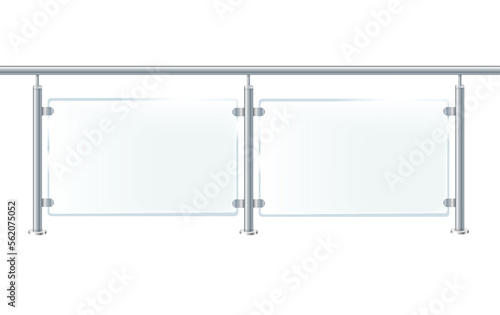 Glass or plexiglass fence with banisters. Architectural guardrail for balcony or office terrace.