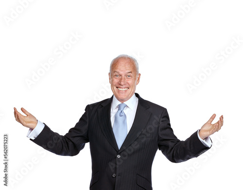 Senior businessman, raised hands and smile portrait for success, corporate goals and motivation isolated in white background. Elderly man, happy and excited with arms in air for ceo work celebration