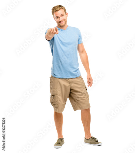 A Full length shot of a handsome young man standing alone and pointing isolated on a PNG background.