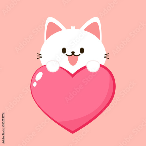 Cartoon cat biting a huge heart. Valentine's Day greeting card.