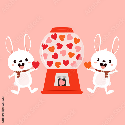 Heart in vending machine filled with red blue and white bubble gum hearts on pink background. illustration with transparent glass. Valentine's day. Rabbit cartoon.