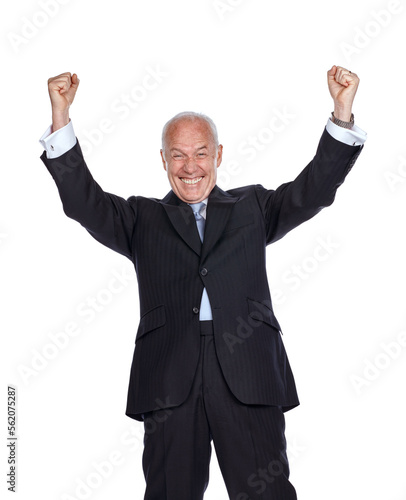 Studio portrait, senior businessman and celebration with fist hand, excited and white background. Elderly corporate leader, isolated ceo and smile to celebrate, motivation and hands in air with suit