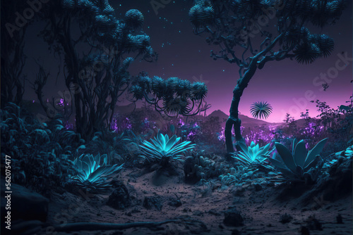 fantasy lush forest jungle night background with magical lights and foliage  generative ai 