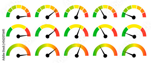 Speedometer gauge meter icons. Vector scale, level of performance. Speed indicator .Infographic of risk, gauge, score progress.