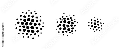 Abstract shape spray collection. Vector monochrome illustration set. Circle splash of various dots shapes burst isolated on white background. Design for banner frames backdrop