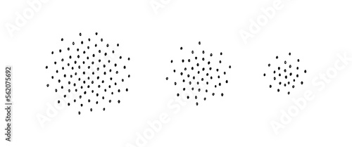 Abstract shape spray collection. Vector monochrome illustration set. Circle splash of tiny different dot shapes burst isolated on white background. Design for banner frames backdrop