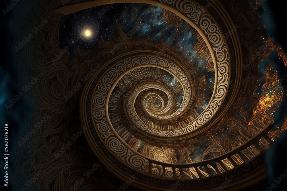 Magical bronze fractal pattern circling endlessly into infinity, leading into a new dimension with a new moon