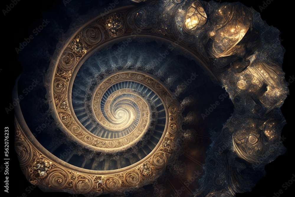 Magical fractal pattern circling endlessly into infinity, leading into a new golden dimension