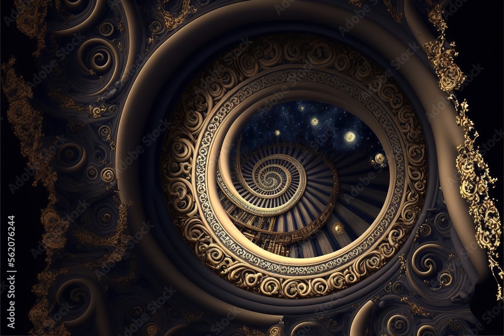 Magical fractal pattern circling endlessly into infinity, leading into a new dimension and at the end there is darkness