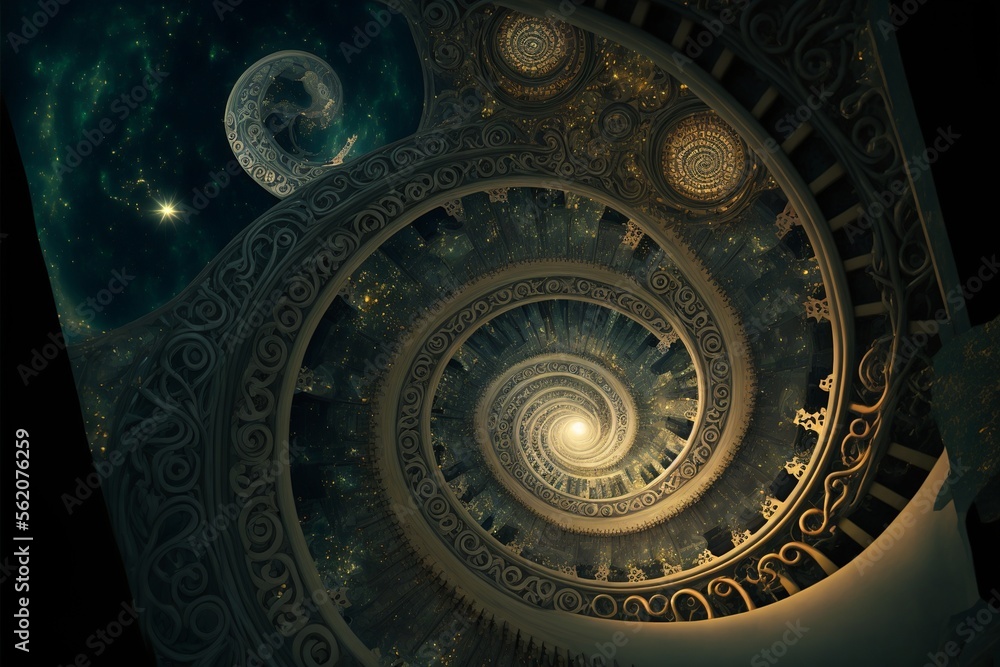 Magical fractal pattern circling endlessly into infinity, leading into a new dimension with unique constellations